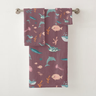 Waterverf Oceaan Zee Dieren Blush Roze Patroon Bad Handdoek
