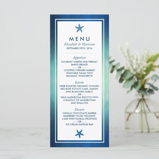 Waterverf Oceaan Zeester Strand Bruiloft Menu (Staand voorkant)