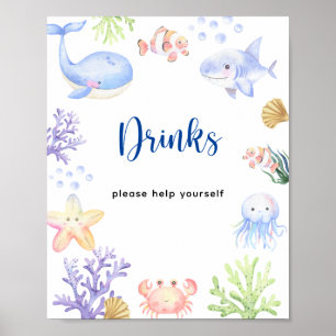 Waterverf oceaandieren baby shower - Drinken Poster