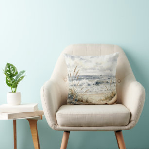 Waterverf Oceaanstrand met gekrulde papier Kussen