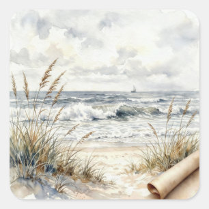 Waterverf Oceaanstrand met gekrulde papier Vierkante Sticker