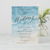 Waterverf Ocean Beach Elegant Script Wedding Kaart (Staand voorkant)