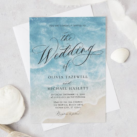 Waterverf Ocean Beach Elegant Script Wedding Kaart