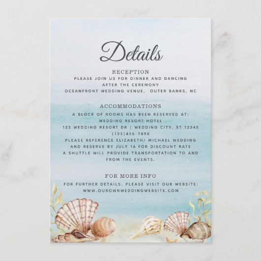 Waterverf Ocean Beach Shells Weddenschap Details Informatiekaartje (Voorkant)