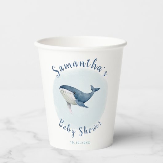 Waterverf Ocean Blue Whale Cute Boy's Baby shower Papieren Bekers (Voorkant)