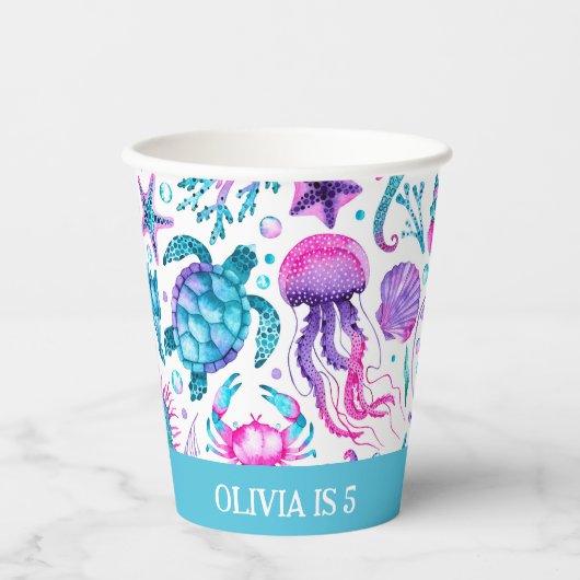 Waterverf Ocean Creatures Under the Zee Verjaardag Papieren Bekers (Voorkant)