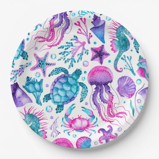 Waterverf Ocean Creatures Under the Zee Verjaardag Papieren Bordje (Voorkant)