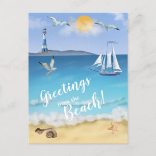 Waterverf Ocean Front Scene Lighthouders Seagulls Briefkaart