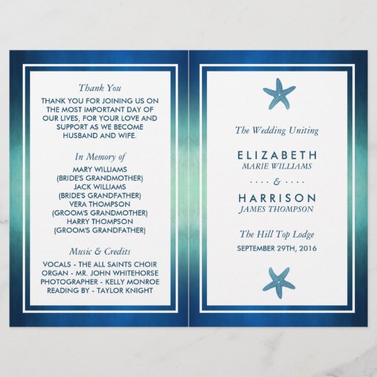 Waterverf Ocean Starfish Beach Wedding Programme (Voorkant)