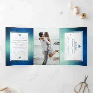 Waterverf Ocean Starfish Beach Wedding Suite Drieluik Uitnodiging