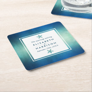 Waterverf Ocean Starfish Beach Wedding Vierkante Kartonnen Onderzetter