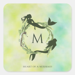 Waterverf Ocean Wreath Mermaids Monogram Vierkante Sticker