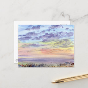 Waterverf ochtendlandschap met wolken en zee briefkaart