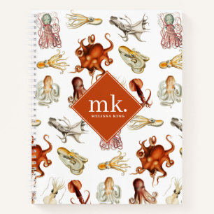 Waterverf Octopus Ocean Animals Patroon Monogram Notitieboek
