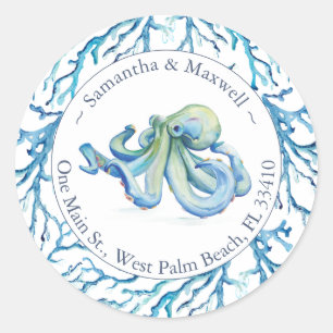 Waterverf Octopus Return Address Classic Ronde Sticker