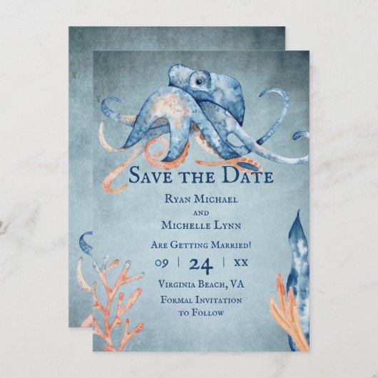 Waterverf Octopus Zee Life Beach Weddenschap Save The Date (Voorkant / Achterkant)