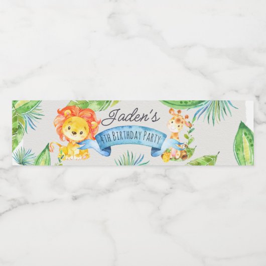 Waterverf Oerwoud Leeuw en Giraffe Birthday Waterfles Etiket (Enkel label)
