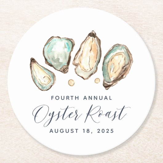 Waterverf oester en parelooster ronde kartonnen onderzetter (Voorkant)