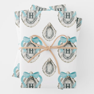 Waterverf oesters blauw boog monogram inpakpapier vel