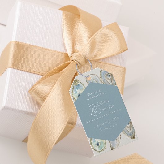 Waterverf Oesters bruiloft - Dusty Blue Cadeaulabel
