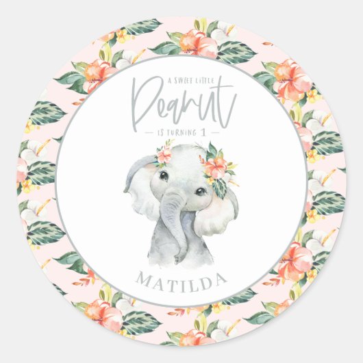 Waterverf olifant kleine pinda - verjaardagsfeestj ronde sticker (Voorkant)