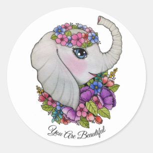 Waterverf olifant met wilde bloemen ronde sticker