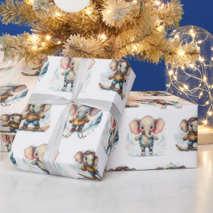 Waterverf Olifanten Wintersport Cadeaupapier