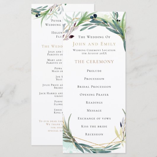 Waterverf olijfbladeren grens bruiloft programma (Voorkant / Achterkant)
