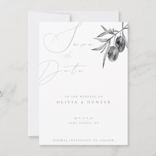 Waterverf Olijftak Bruiloft Save the Date Kaart (Voorkant)