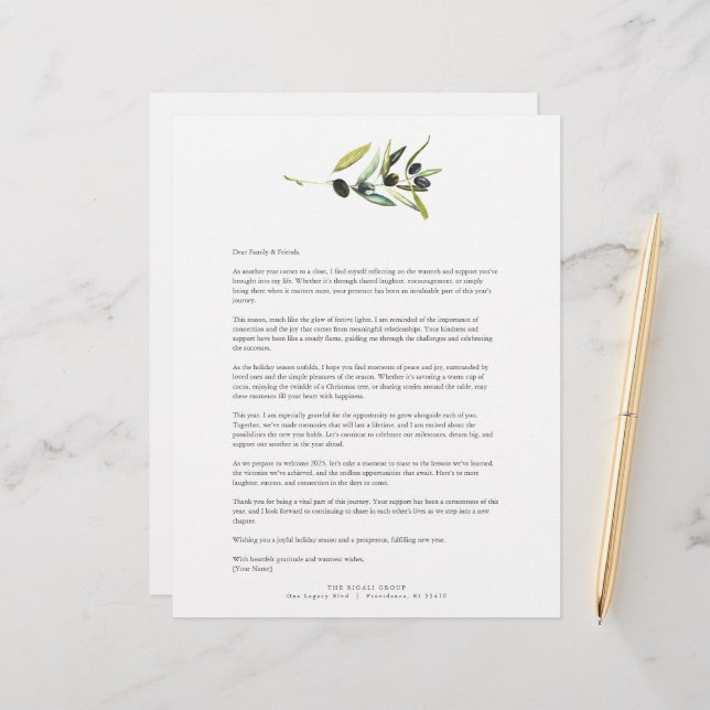Waterverf Olive Branch Letterhead Sjabloon Briefhoofd (Voorkant / Achterkant in situ)