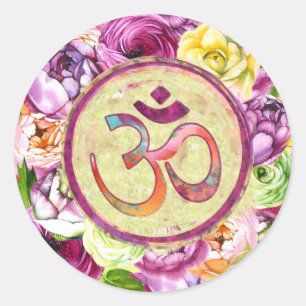 Waterverf OM-symbool met bloemen Ronde Sticker