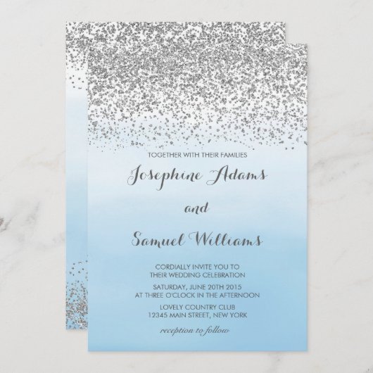 Waterverf Ombre Blue en Silver Glitter Wedding Kaart (Voorkant / Achterkant)