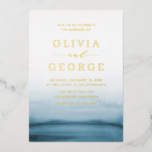 Waterverf Ombre Navy Blue Modern Wedding Folie Uitnodiging