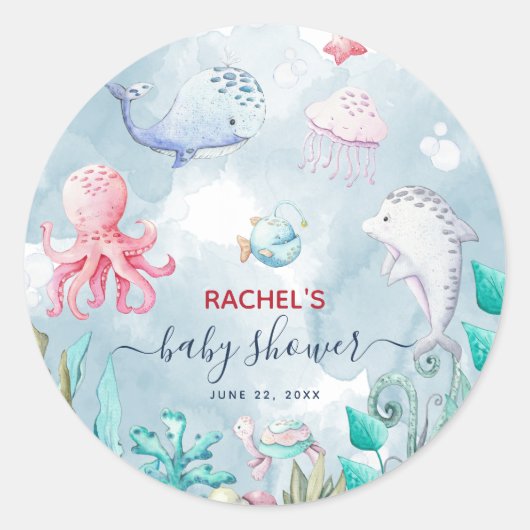 Waterverf onder het Baby shower Zee Ronde Sticker (Voorkant)