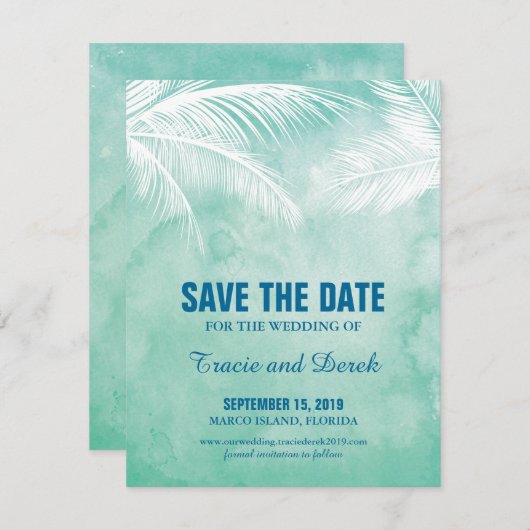 Waterverf onder palmbomen | Datum opslaan Save The Date (Voorkant / Achterkant)