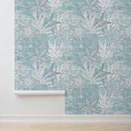 Waterverf Onderwater Planten Zeesterren Blauwe Kus Behang