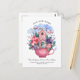 Waterverf Onze nieuwe Home Pink Tea Cup Floral Briefkaart