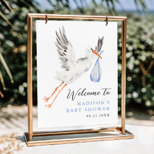 Waterverf Ooievaar Blauwe Jongen Baby Shower Welko Poster