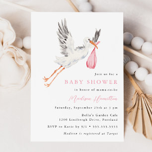 Waterverf Ooievaar Roze Meisje Baby Shower Kaart
