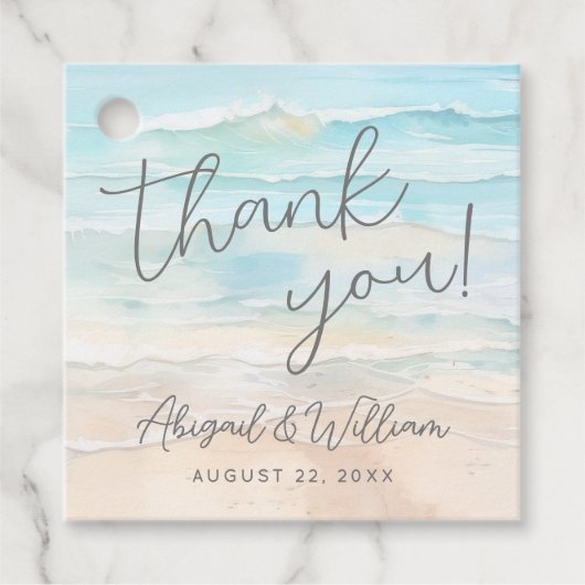 Waterverf op het strand bruiloft bedankjes labels (Voorkant)