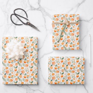 Waterverf Oranje & Bladeren op Wit Inpakpapier Vel
