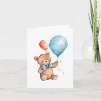 Waterverf Oranje & Blauwe Ballonnen Bruine Teddybe Kaart
