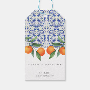 Waterverf Oranje Blauwe tegel Mediterrane Bruiloft Cadeaulabel