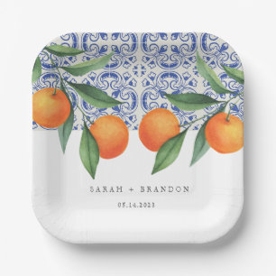 Waterverf Oranje Blauwe tegel Mediterrane Bruiloft Papieren Bordje