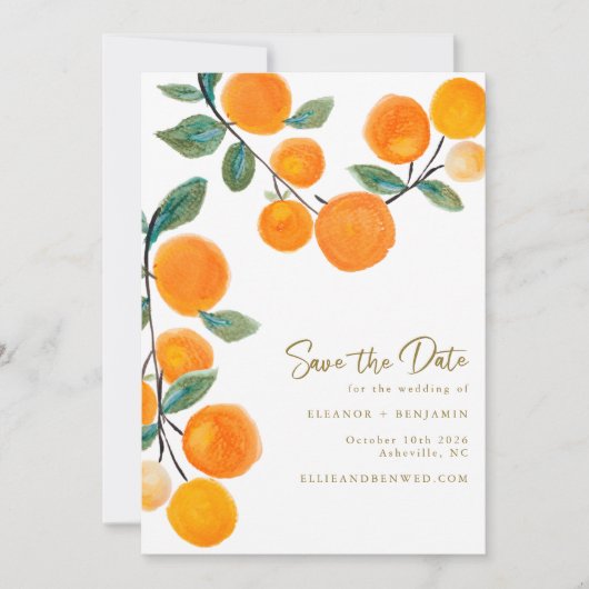 Waterverf Oranje Citrus Fruit Script Weddenschap Save The Date (Voorkant)