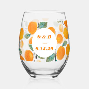 Waterverf Oranje Citrus Monogrammed Wedding Wijnglas Zonder Voet