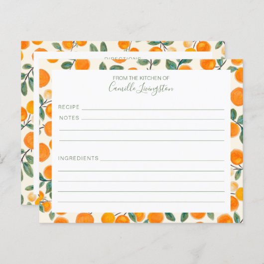 Waterverf Oranje Citrusnaam Recipe Kaart (Voorkant / Achterkant)