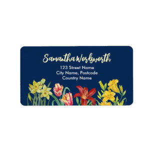 Waterverf Oranje Gele Lente Bloemen Marineblauw Etiket