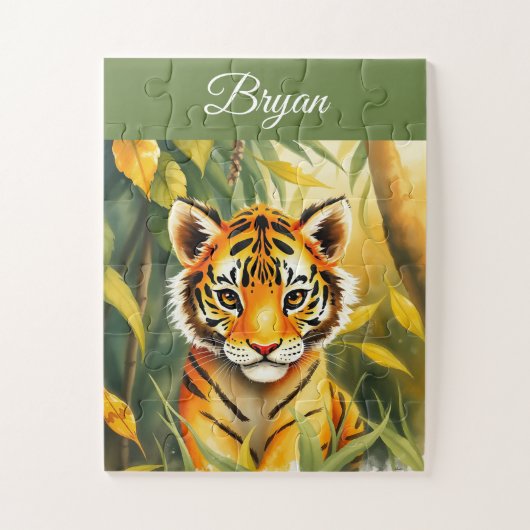Waterverf Oranje & Groene Schattigee Tijger Kinder Legpuzzel (Verticaal)