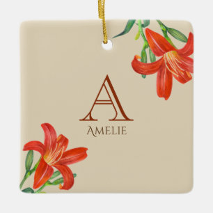 Waterverf Oranje Lily Botanical Art Monogram Keramisch Ornament